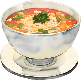 Noodle with spicy soup and veggie watercolor