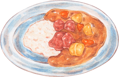 japanese curry rice with meat, carrot and potato watercolor style, ingredient of japanese curry